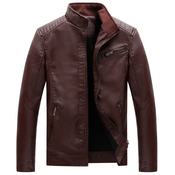 ⁦New Men's Leather Jackets Plus Velvet Solid Color⁩ - الصورة ⁦3⁩