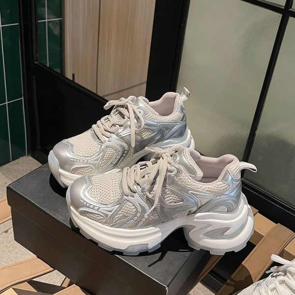 ⁦Women's Shoes Platform Mesh Surface Breathable Silver Sneaker⁩ - الصورة ⁦4⁩
