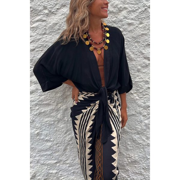 ⁦Women's Casual Lace Up 34 Sleeve Loose Vacation Multi-color Shirt⁩ - الصورة ⁦2⁩