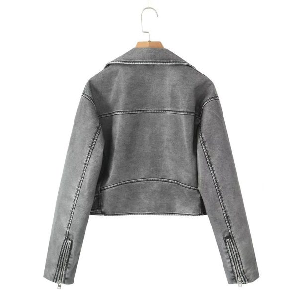 ⁦Women's Washed Leather Worn Motorcycle Leisure Jacket Leather Coat⁩ - الصورة ⁦7⁩