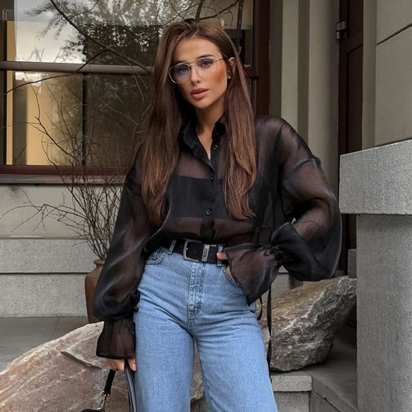 ⁦Women's Fashion Design Sense See-through Black Gauzy Shirt⁩ - الصورة ⁦4⁩