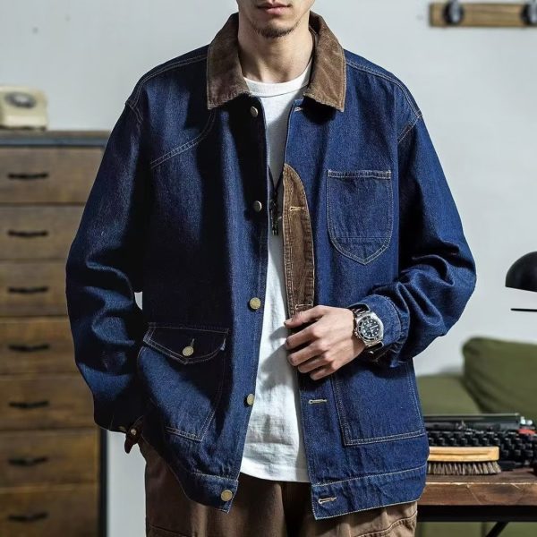 ⁦Workwear Retro Tough Safari Jacket Washed Denim Tough Guy Coat Men Fashion Brands Shirt⁩ - الصورة ⁦6⁩