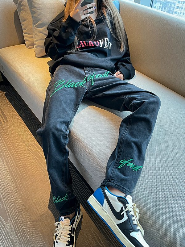 ⁦American Street Retro Embroidery Fit Skinny Jeans For Men⁩ - الصورة ⁦3⁩