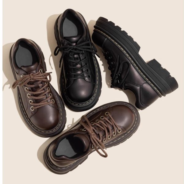 ⁦British Style Lace Up Round Toe Versatile Single-layer Shoes Low Heel Leather Shoes Women⁩ - الصورة ⁦3⁩