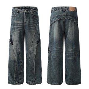 American Retro Heavy Industry Deconstruction Stitching Wide Leg Jeans Men