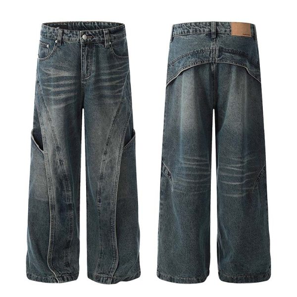 American Retro Heavy Industry Deconstruction Stitching Wide Leg Jeans Men