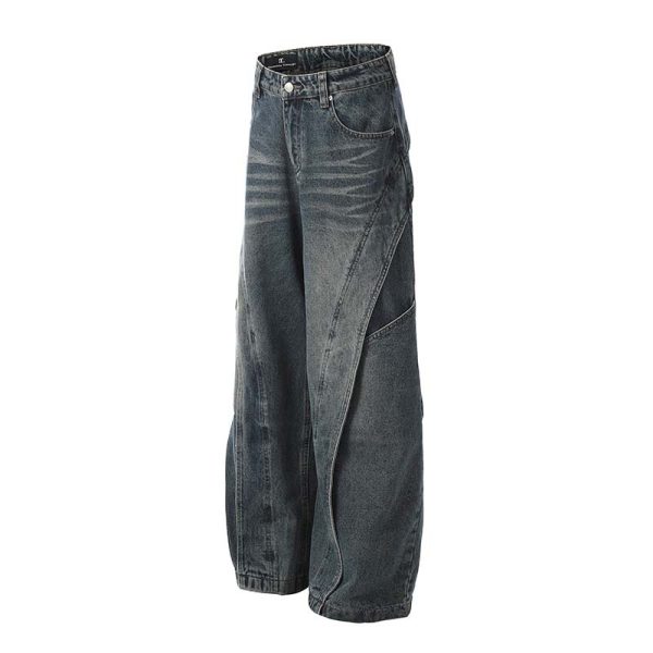 ⁦American Retro Heavy Industry Deconstruction Stitching Wide Leg Jeans Men⁩ - الصورة ⁦3⁩
