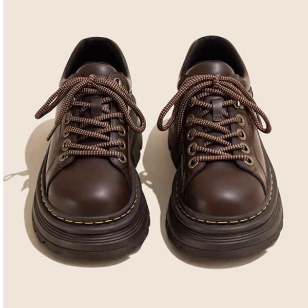 ⁦British Style Lace Up Round Toe Versatile Single-layer Shoes Low Heel Leather Shoes Women⁩ - الصورة ⁦7⁩