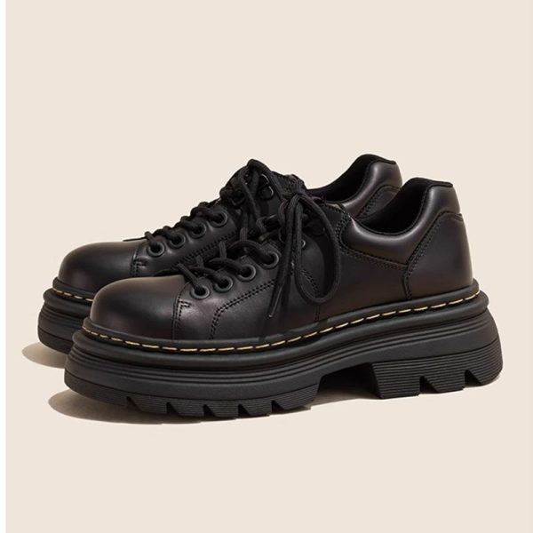 ⁦British Style Lace Up Round Toe Versatile Single-layer Shoes Low Heel Leather Shoes Women⁩ - الصورة ⁦2⁩