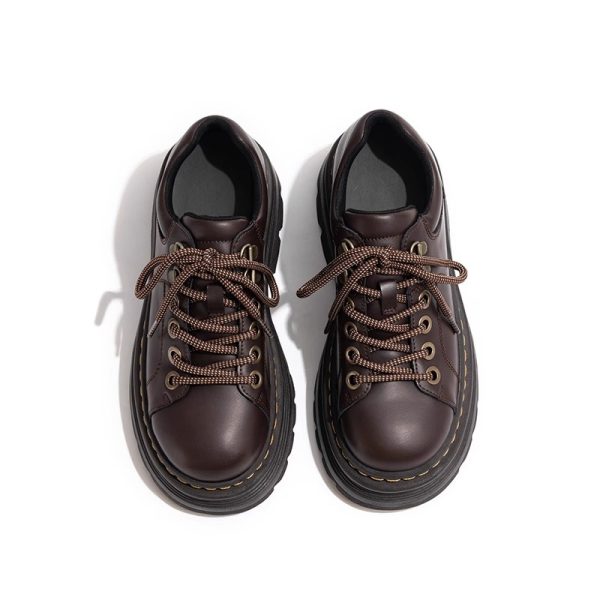 ⁦British Style Lace Up Round Toe Versatile Single-layer Shoes Low Heel Leather Shoes Women⁩ - الصورة ⁦4⁩