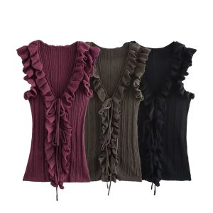 Women's Frill Tie With Sleeveless Knitted Cardigan Top