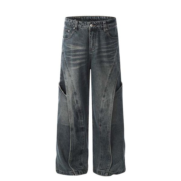 ⁦American Retro Heavy Industry Deconstruction Stitching Wide Leg Jeans Men⁩ - الصورة ⁦2⁩