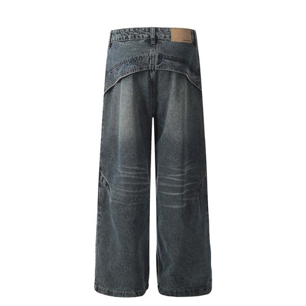 ⁦American Retro Heavy Industry Deconstruction Stitching Wide Leg Jeans Men⁩ - الصورة ⁦5⁩
