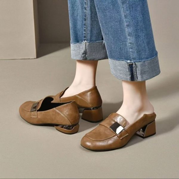 ⁦Women's Soft Bottom Round Head Thick Heel Leather Shoes⁩ - الصورة ⁦3⁩