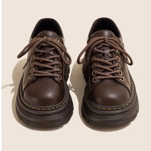 British Style Lace Up Round Toe Versatile Single-layer Shoes Low Heel Leather Shoes Women