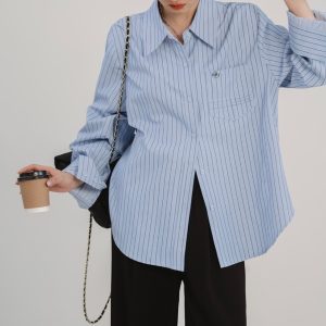 Blue Minimalist Preppy Shirt Women's Loose Slimming
