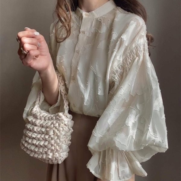 ⁦Summer Flower Jacquard Lantern Sleeve Transparent Blouse⁩ - الصورة ⁦4⁩