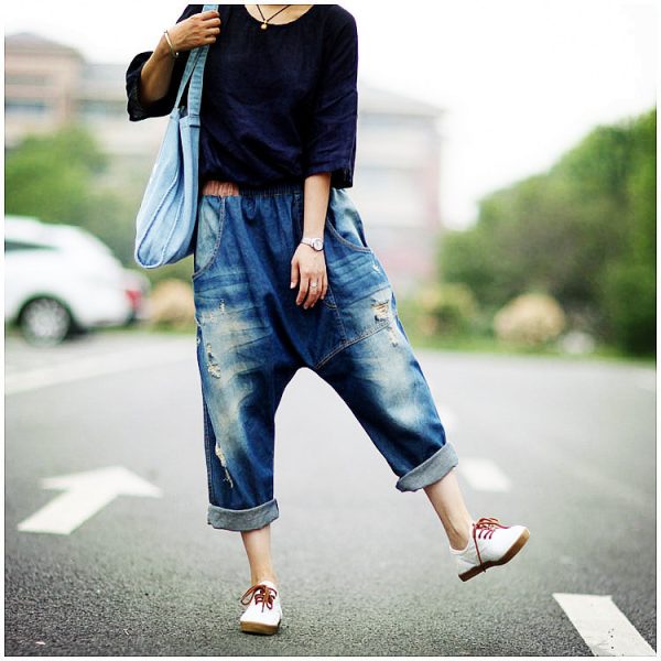 ⁦Baggy Pants Big Crotch Pants Loose Personality Hole Irregularly Slimming⁩ - الصورة ⁦8⁩