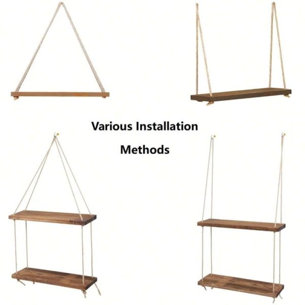 ⁦Wooden Swing Hanging Hemp Rope Wall Shelve Mounted Floating Home Living Room Plant Flower Pot Tray Storage Garden Decoration⁩ - الصورة ⁦6⁩