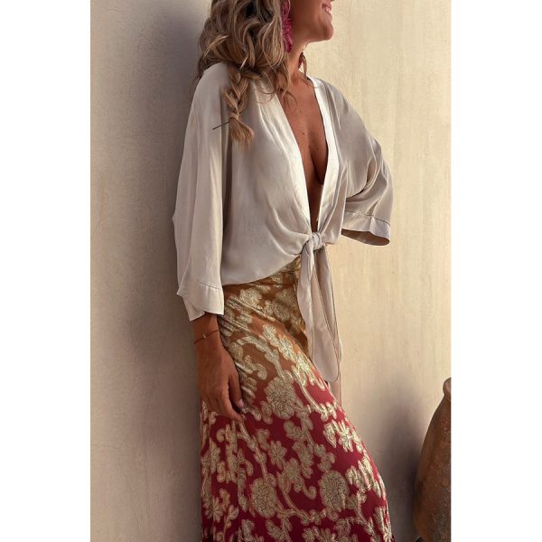 ⁦Women's Casual Lace Up 34 Sleeve Loose Vacation Multi-color Shirt⁩ - الصورة ⁦5⁩