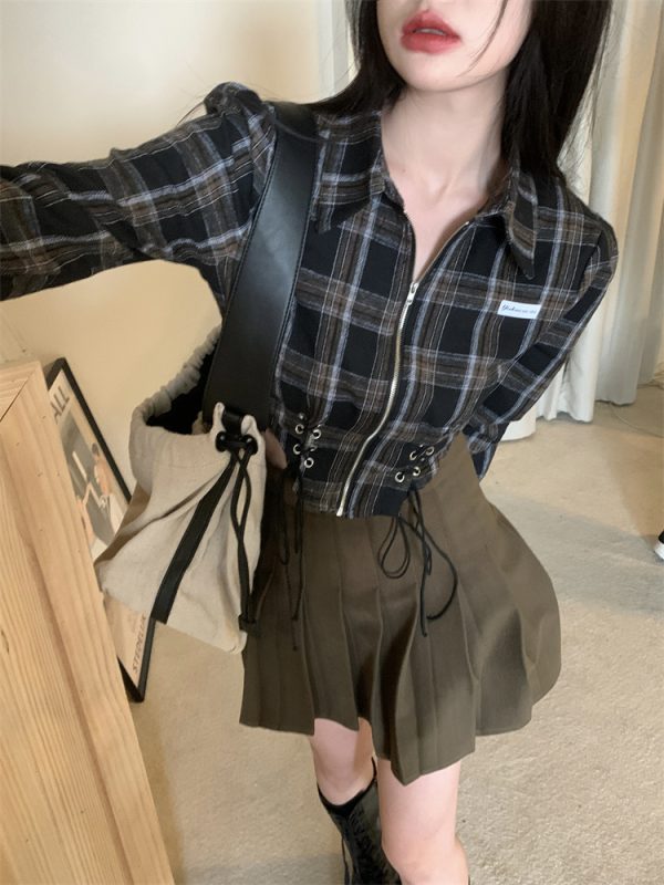 ⁦Women's Spring Short Hot Girl Plaid Shirt⁩ - الصورة ⁦3⁩