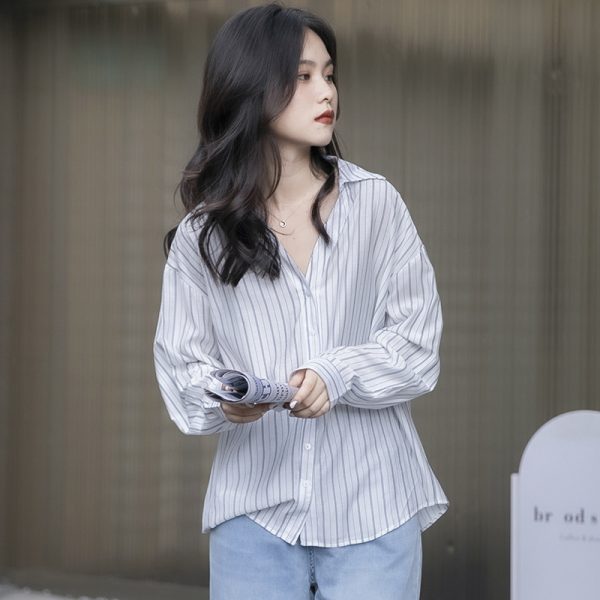 ⁦Striped Lazy Style Shirt Lapel Is Thin And Long Sleeves⁩ - الصورة ⁦2⁩