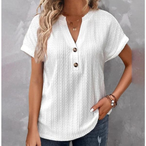 ⁦Women's Batwing Sleeve Solid Color And V-neck Button T-shirt⁩ - الصورة ⁦6⁩