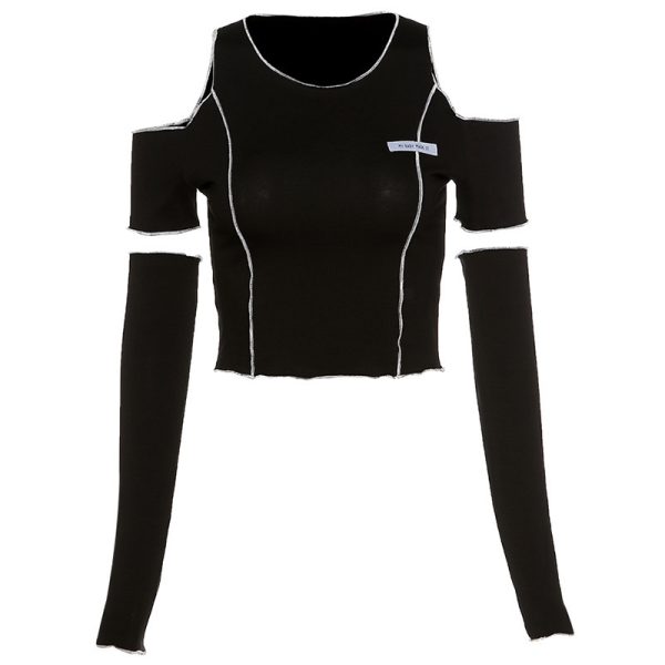 ⁦Women's Autumn And Winter Fashion Labeling Slim Round Neck Off-the-shoulder Short T-shirt For Women⁩ - الصورة ⁦8⁩