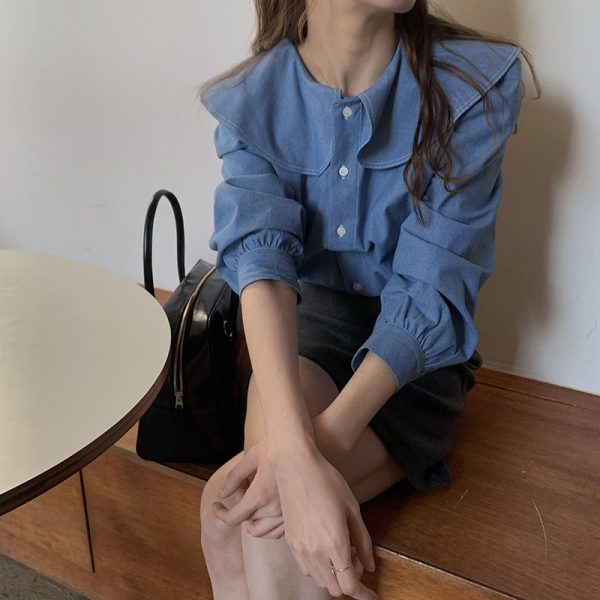 ⁦Sweet Temperament Lace Neckline Long Sleeve Retro Shirt Women⁩ - الصورة ⁦2⁩