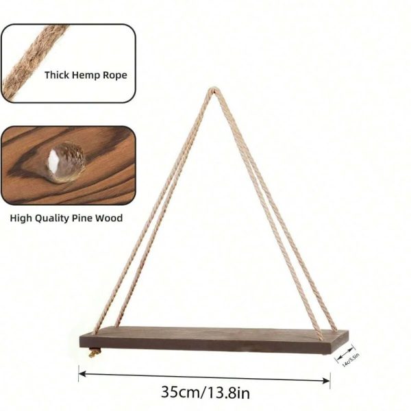 ⁦Wooden Swing Hanging Hemp Rope Wall Shelve Mounted Floating Home Living Room Plant Flower Pot Tray Storage Garden Decoration⁩ - الصورة ⁦3⁩
