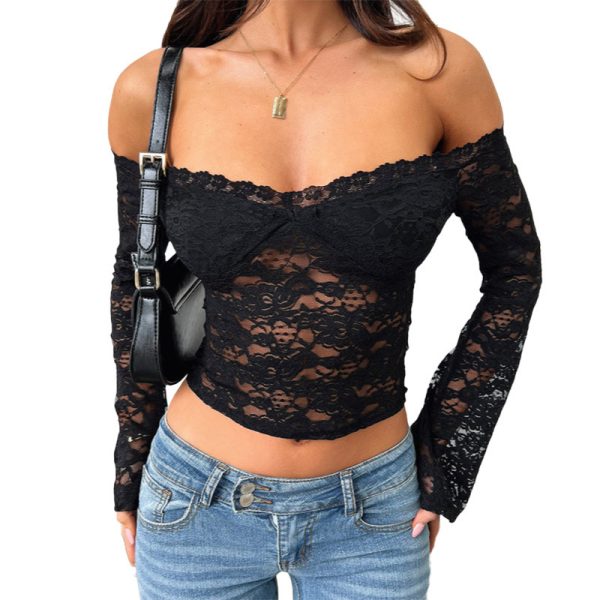 ⁦Women's Autumn Fashionable Lace Off-shoulder Long-sleeved Top⁩ - الصورة ⁦5⁩