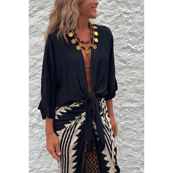 ⁦Women's Casual Lace Up 34 Sleeve Loose Vacation Multi-color Shirt⁩ - الصورة ⁦3⁩