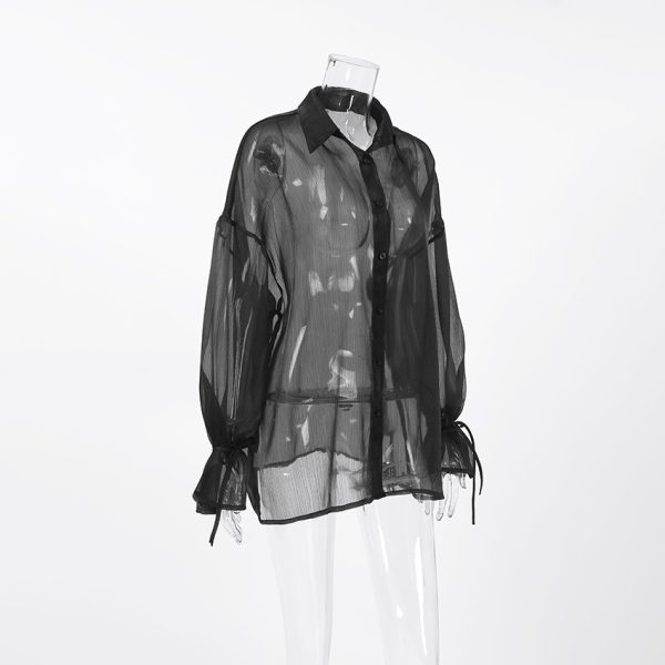 ⁦Women's Fashion Design Sense See-through Black Gauzy Shirt⁩ - الصورة ⁦7⁩