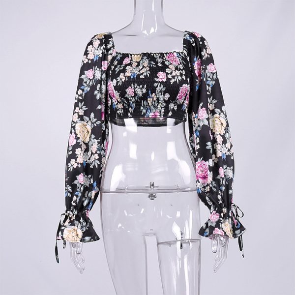 ⁦Women's Floral Flared Sleeve Tie Pleated Cropped Crop Top⁩ - الصورة ⁦5⁩