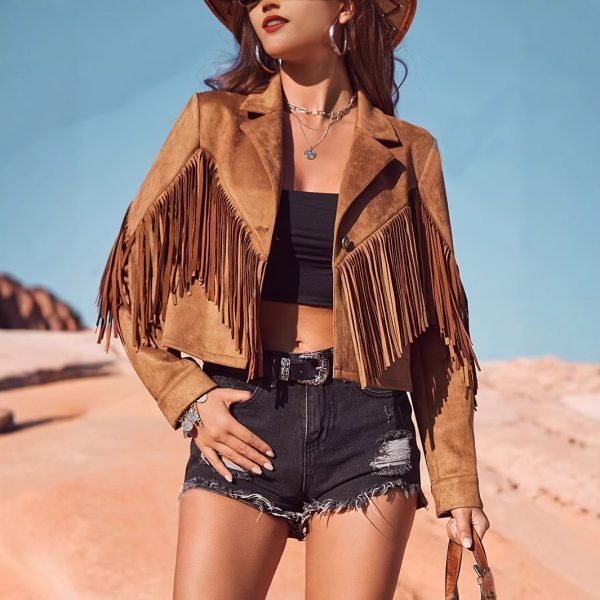 ⁦Women's Leisure Vacation Western Style Suede Fringe Jacket⁩ - الصورة ⁦6⁩