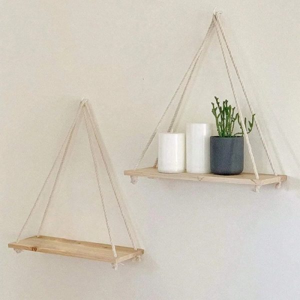 ⁦Wooden Swing Hanging Hemp Rope Wall Shelve Mounted Floating Home Living Room Plant Flower Pot Tray Storage Garden Decoration⁩ - الصورة ⁦5⁩