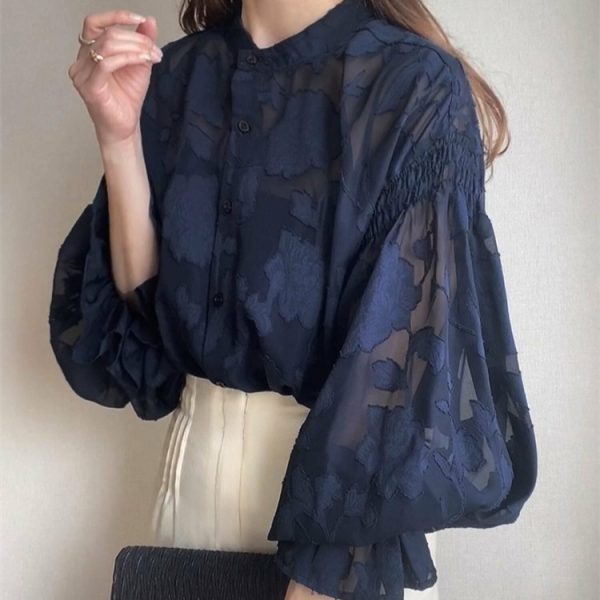 ⁦Summer Flower Jacquard Lantern Sleeve Transparent Blouse⁩ - الصورة ⁦6⁩