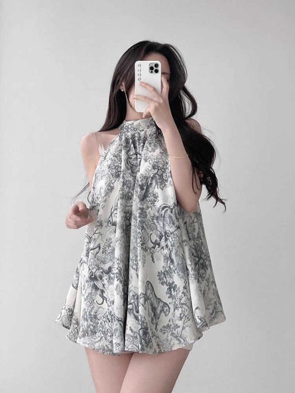 ⁦Vintage Stand Collar Ink Printing Lace-up Waist Halter Chiffon Shirt⁩ - الصورة ⁦4⁩