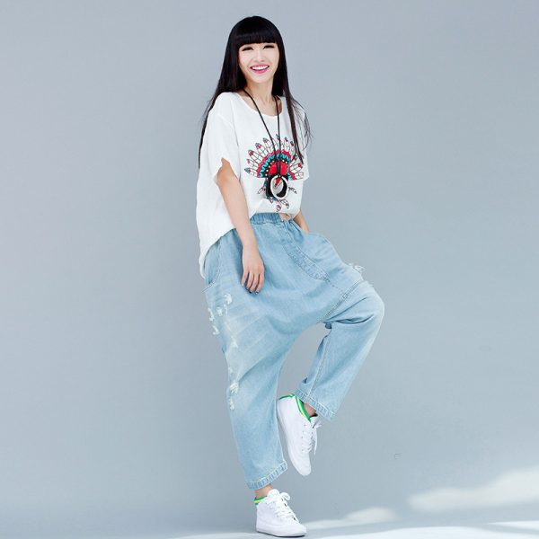⁦Baggy Pants Big Crotch Pants Loose Personality Hole Irregularly Slimming⁩ - الصورة ⁦3⁩