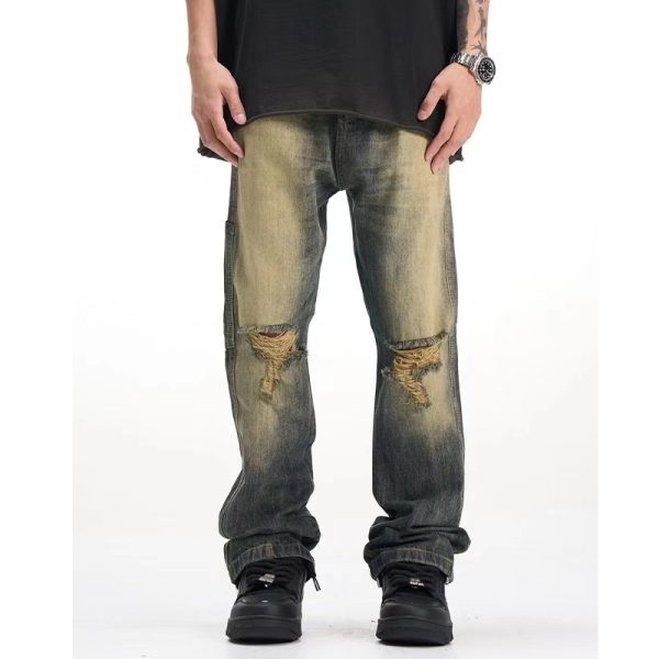⁦American Retro Make Old Ripped Cement Yellow Jeans For Men⁩ - الصورة ⁦4⁩