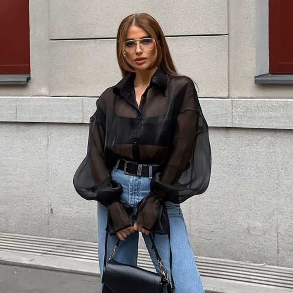 ⁦Women's Fashion Design Sense See-through Black Gauzy Shirt⁩ - الصورة ⁦3⁩