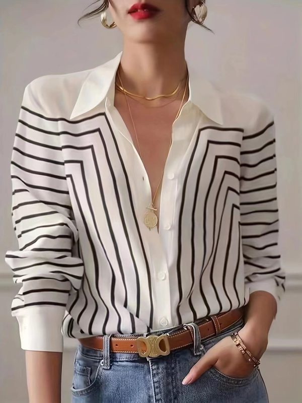 ⁦Autumn Striped Shirt Women's Long Sleeve Loose Silk Top⁩ - الصورة ⁦6⁩