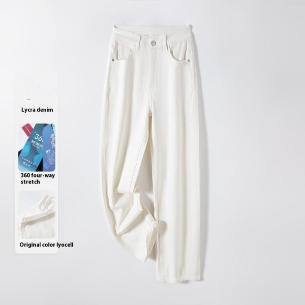 ⁦Straight-leg Pants Lyocell Cropped Primary Color High Waist Drainpipe Pants⁩ - الصورة ⁦4⁩