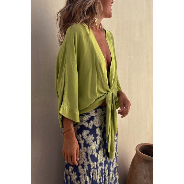 ⁦Women's Casual Lace Up 34 Sleeve Loose Vacation Multi-color Shirt⁩ - الصورة ⁦4⁩
