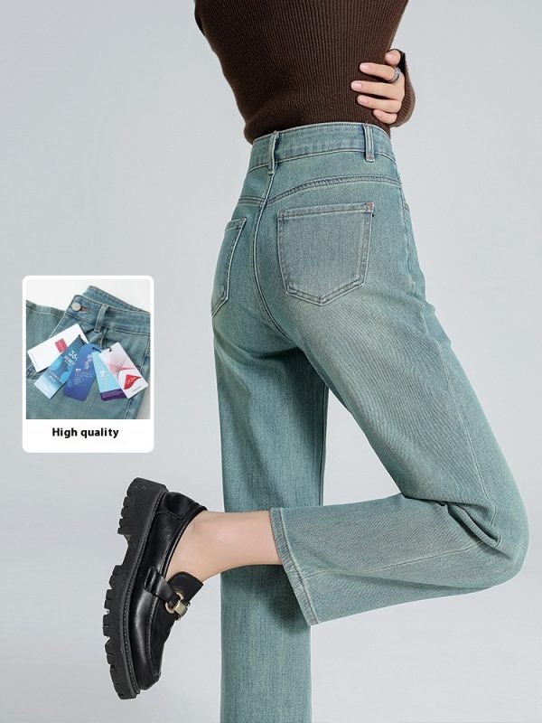 ⁦Straight-leg Pants Lyocell Cropped Primary Color High Waist Drainpipe Pants⁩ - الصورة ⁦2⁩