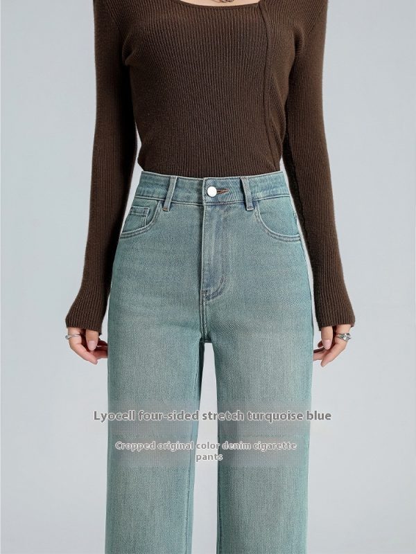 ⁦Straight-leg Pants Lyocell Cropped Primary Color High Waist Drainpipe Pants⁩ - الصورة ⁦5⁩