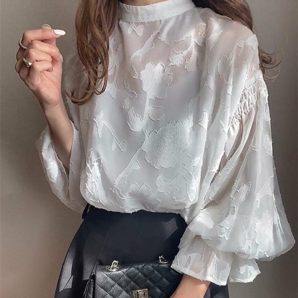⁦Summer Flower Jacquard Lantern Sleeve Transparent Blouse⁩ - الصورة ⁦5⁩