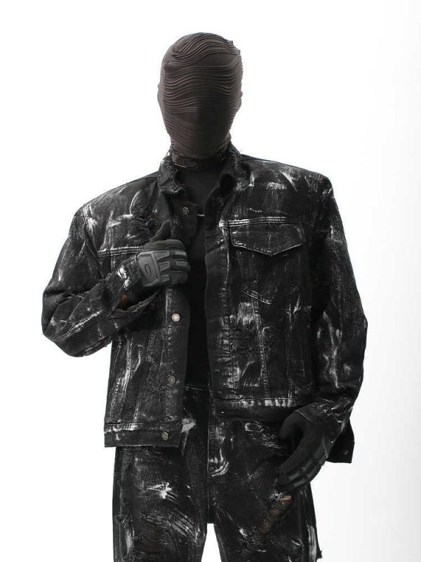 ⁦Street Graffiti Washed Make Old Ripped Denim Coat For Men⁩ - الصورة ⁦4⁩