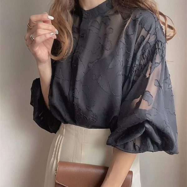 ⁦Summer Flower Jacquard Lantern Sleeve Transparent Blouse⁩ - الصورة ⁦3⁩
